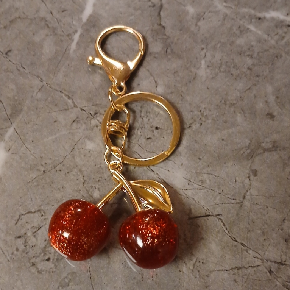Gold Cherry Charm Keychain Bag Charm in Red Glitter - Unbranded